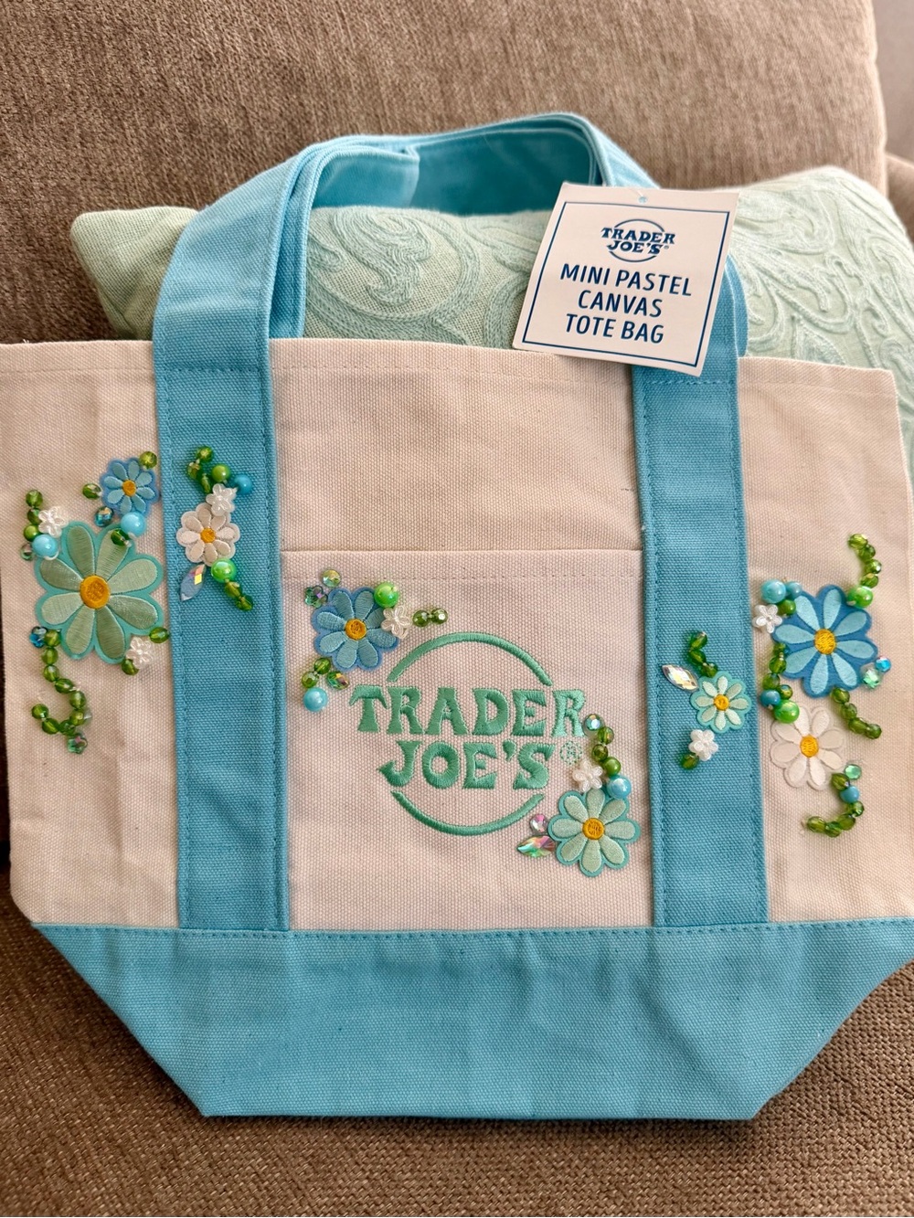 Hand-Embellished Trader Joe’s Mini Pastel Canvas Tote Bag in blue & green.